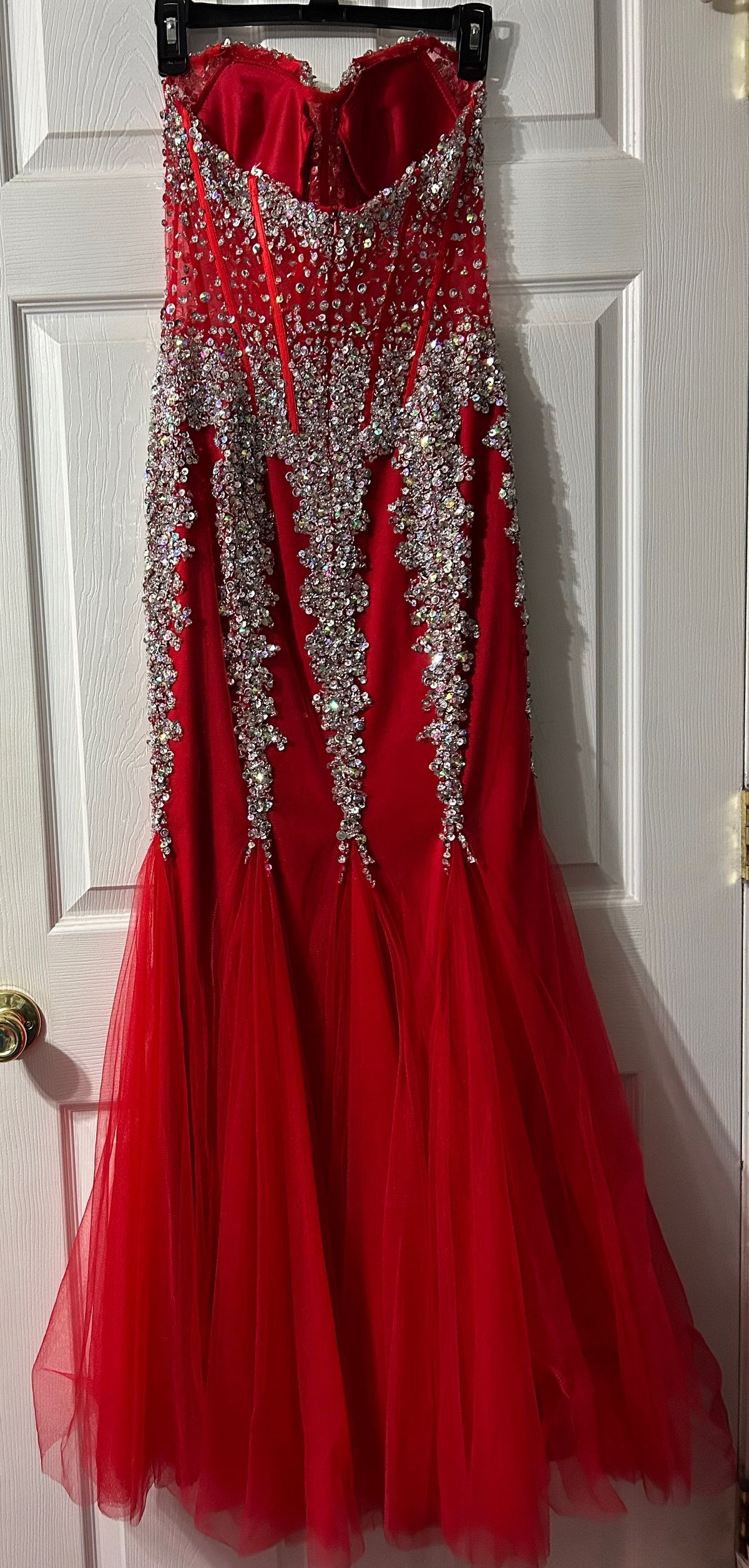 Style Mermaid Jovani Size 10 Prom Strapless Sequined Red Mermaid Dress on Queenly