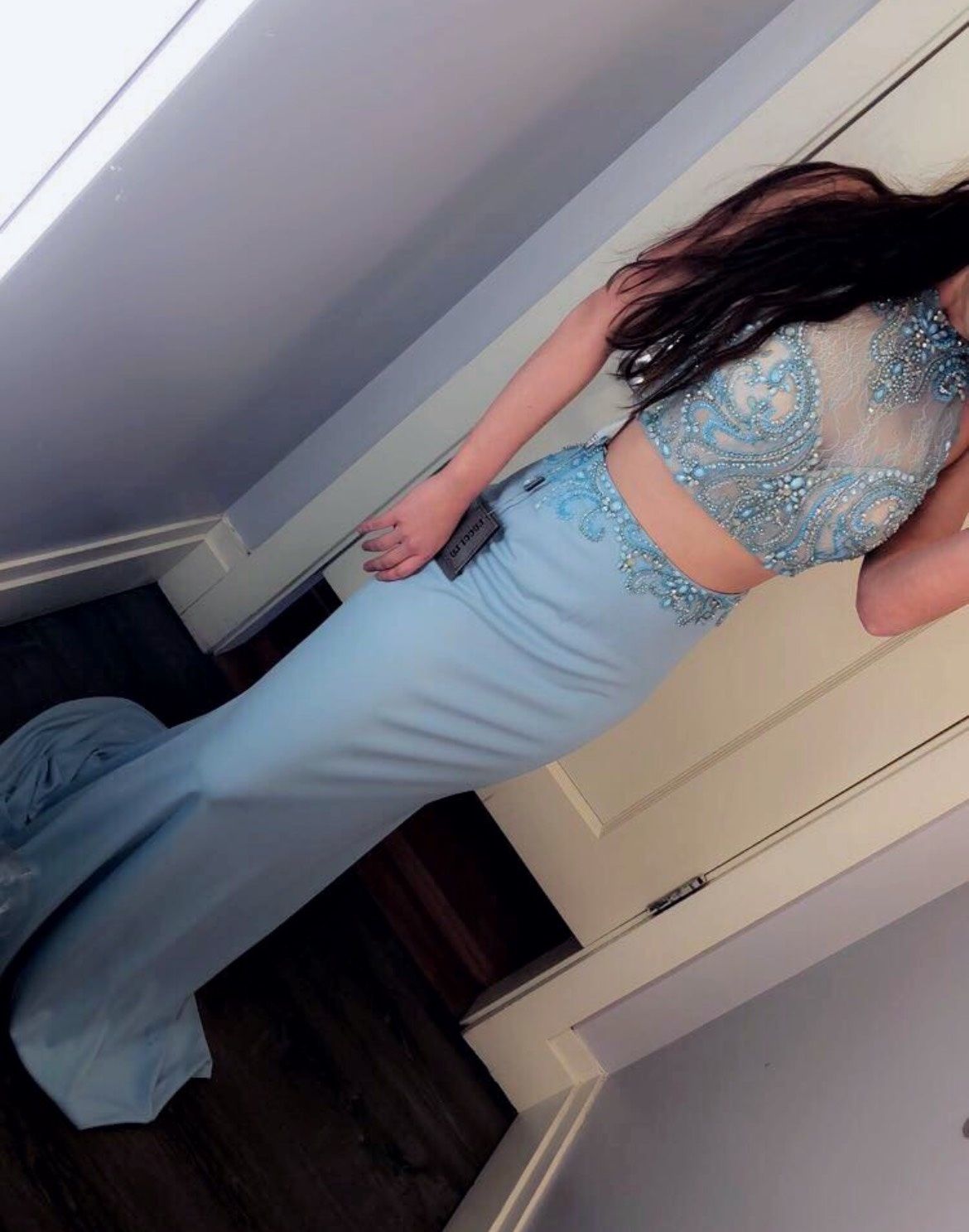 Lucci Lu Size 8 Prom High Neck Sequined Light Blue Floor Length Maxi on Queenly
