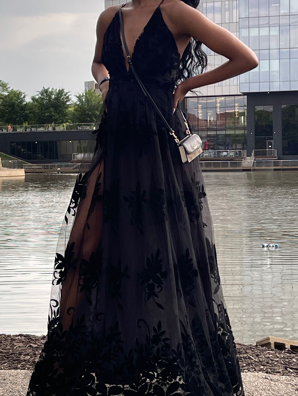 Windsor Size XS Prom Plunge Lace Black Side Slit Dress on Queenly