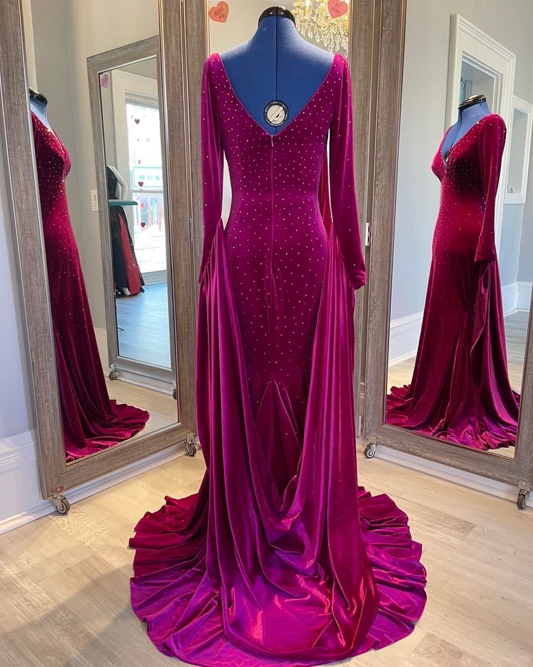 Johnathan Kayne Size 4 Prom Long Sleeve Velvet Purple Mermaid Dress on Queenly