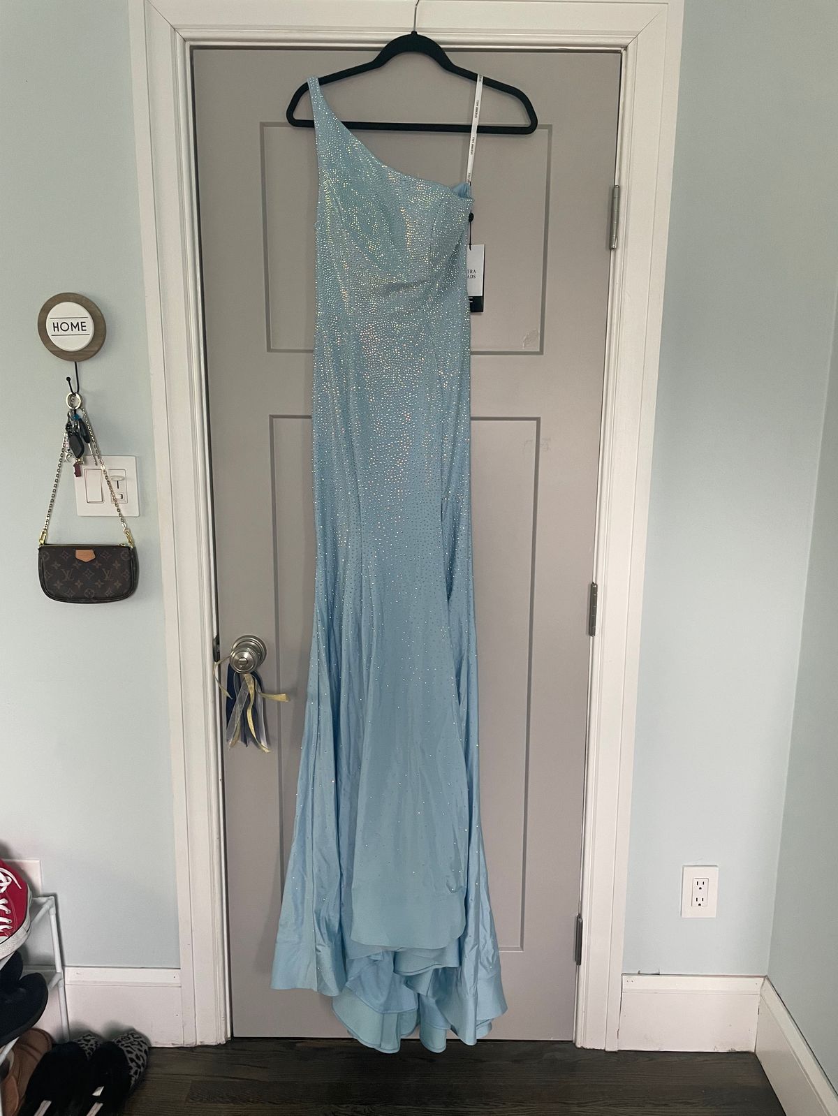 Sherri Hill Size 6 Prom One Shoulder Sequined Light Blue Side Slit Dress on Queenly