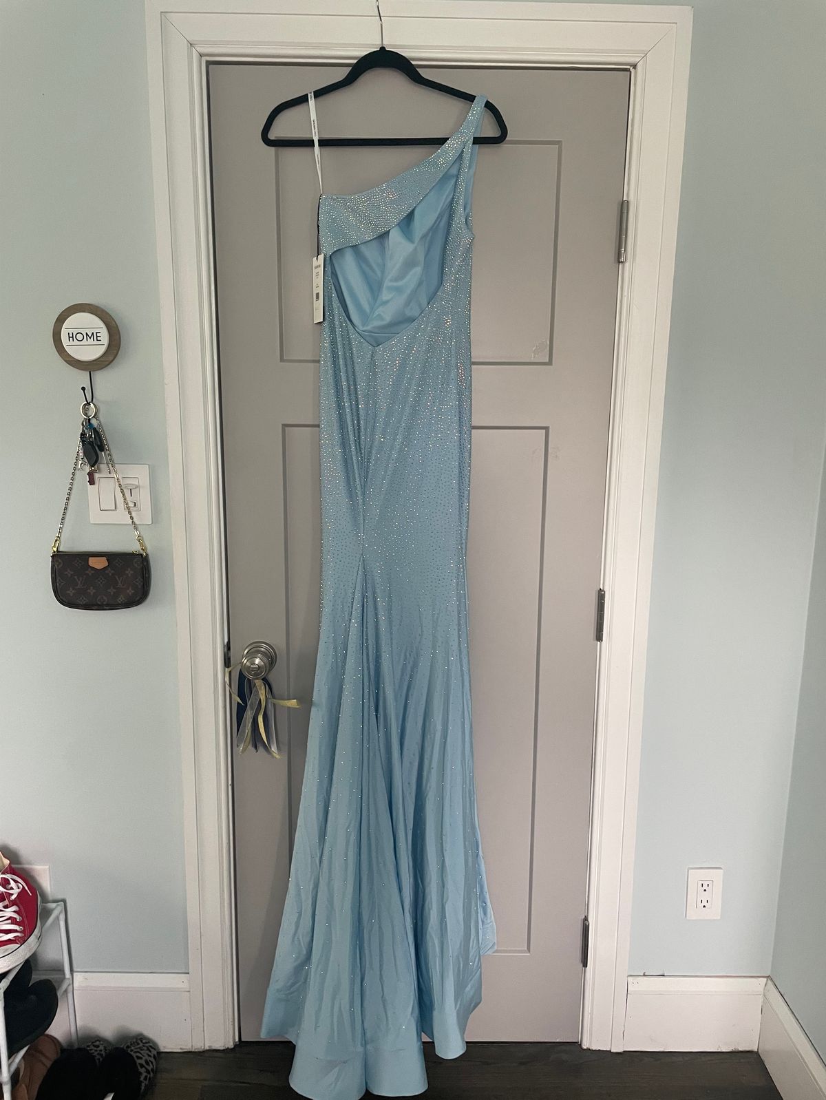 Sherri Hill Size 6 Prom One Shoulder Sequined Light Blue Side Slit Dress on Queenly
