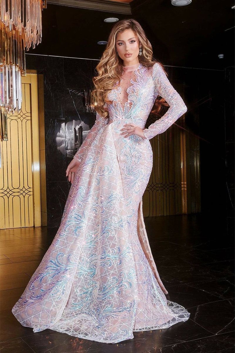 Style PS22345C Portia and Scarlett Size 8 Pageant Long Sleeve Sheer Light Pink Mermaid Dress on Queenly