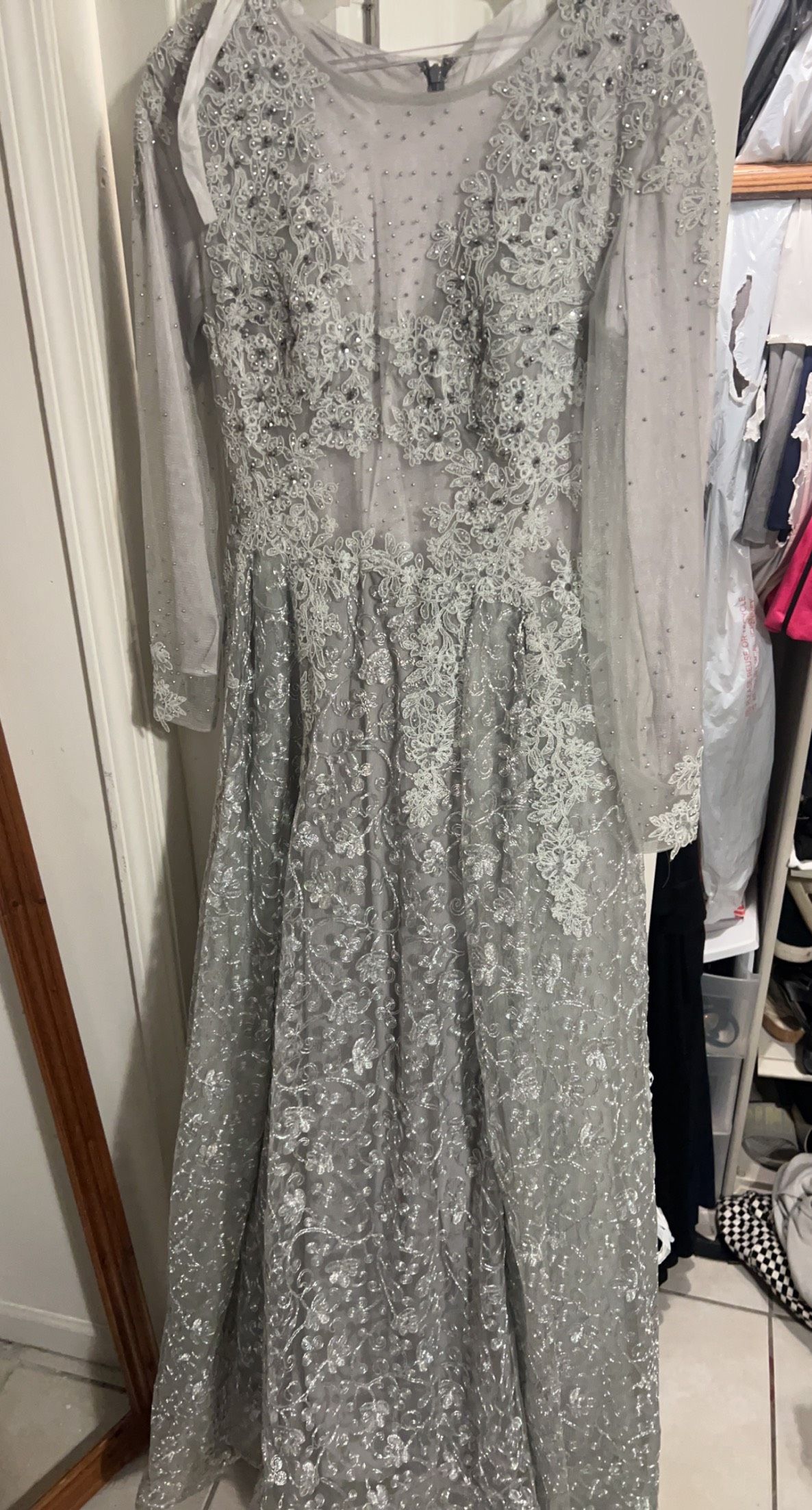 Size M Prom Long Sleeve Lace Silver A-line Dress on Queenly