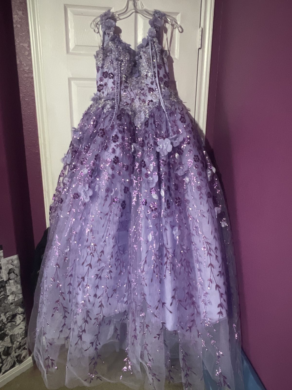 Size L Prom Off The Shoulder Lace Light Purple Ball Gown on Queenly