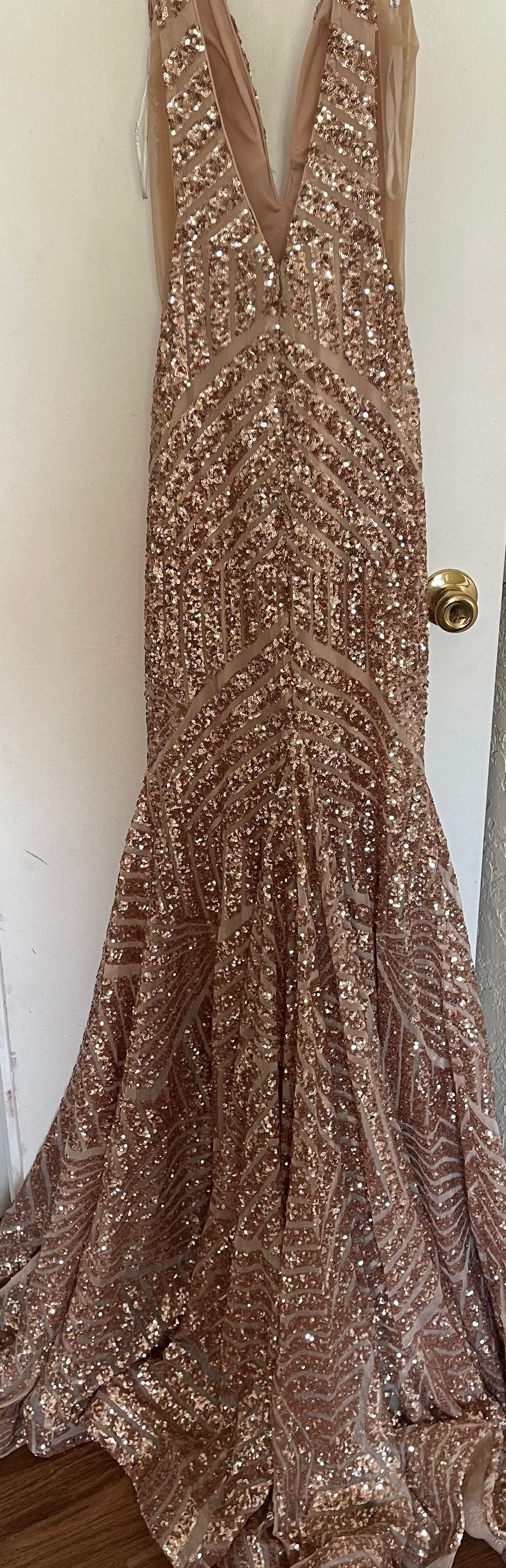 Jovani Size 2 Prom Plunge Sequined Nude Mermaid Dress on Queenly