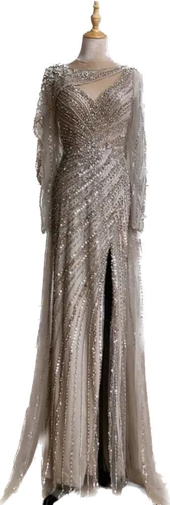 Size 14 Wedding Guest Long Sleeve Nude Side Slit Dress on Queenly