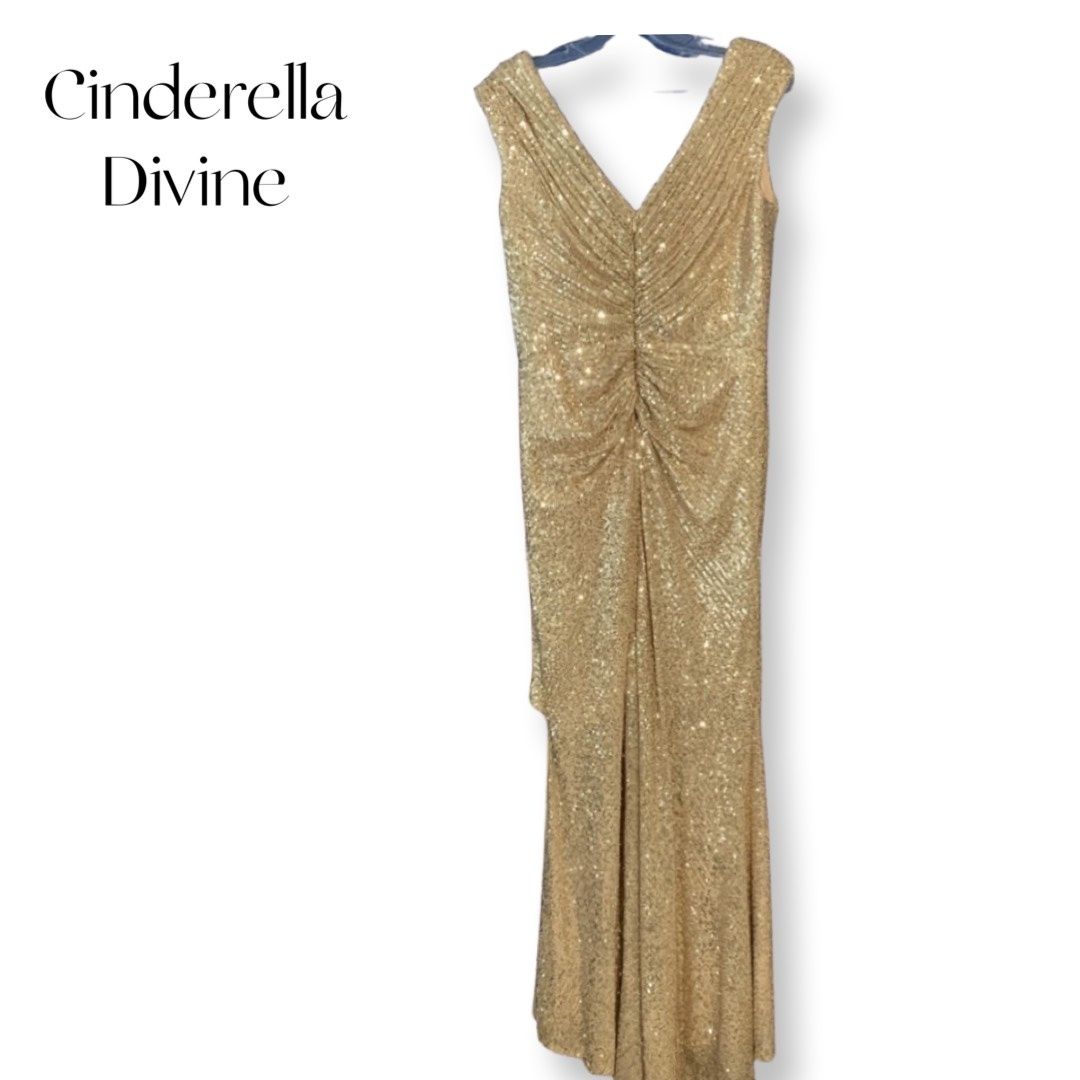 Cinderella Divine Size L Prom Plunge Sequined Gold Floor Length Maxi on Queenly