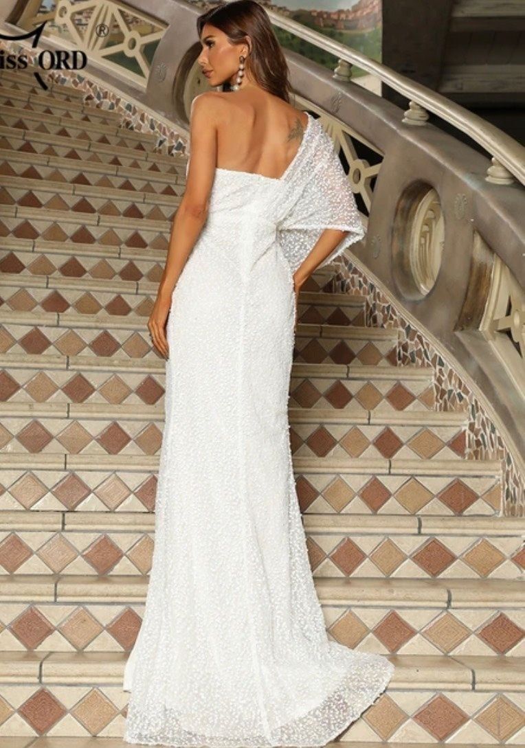 Miss Ord Size M Wedding One Shoulder Sequined White Side Slit Dress on Queenly