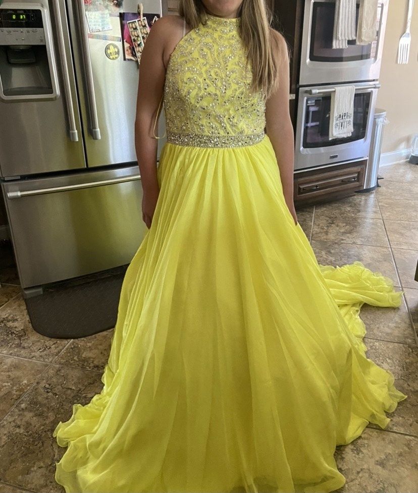 Girls Size 14 Pageant High Neck Sequined Yellow Ball Gown on Queenly