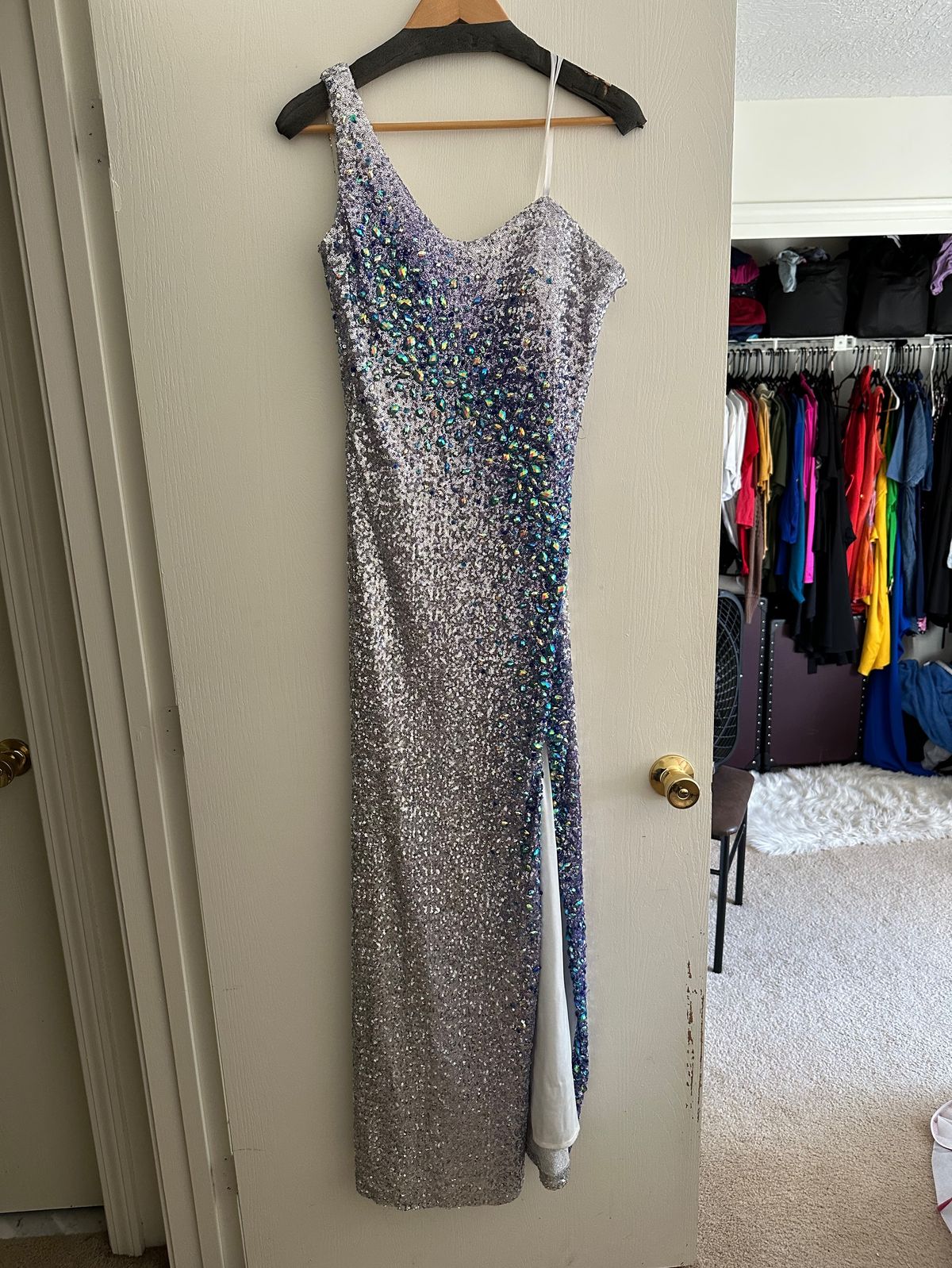 La Femme Size 10 Prom One Shoulder Silver A-line Dress on Queenly
