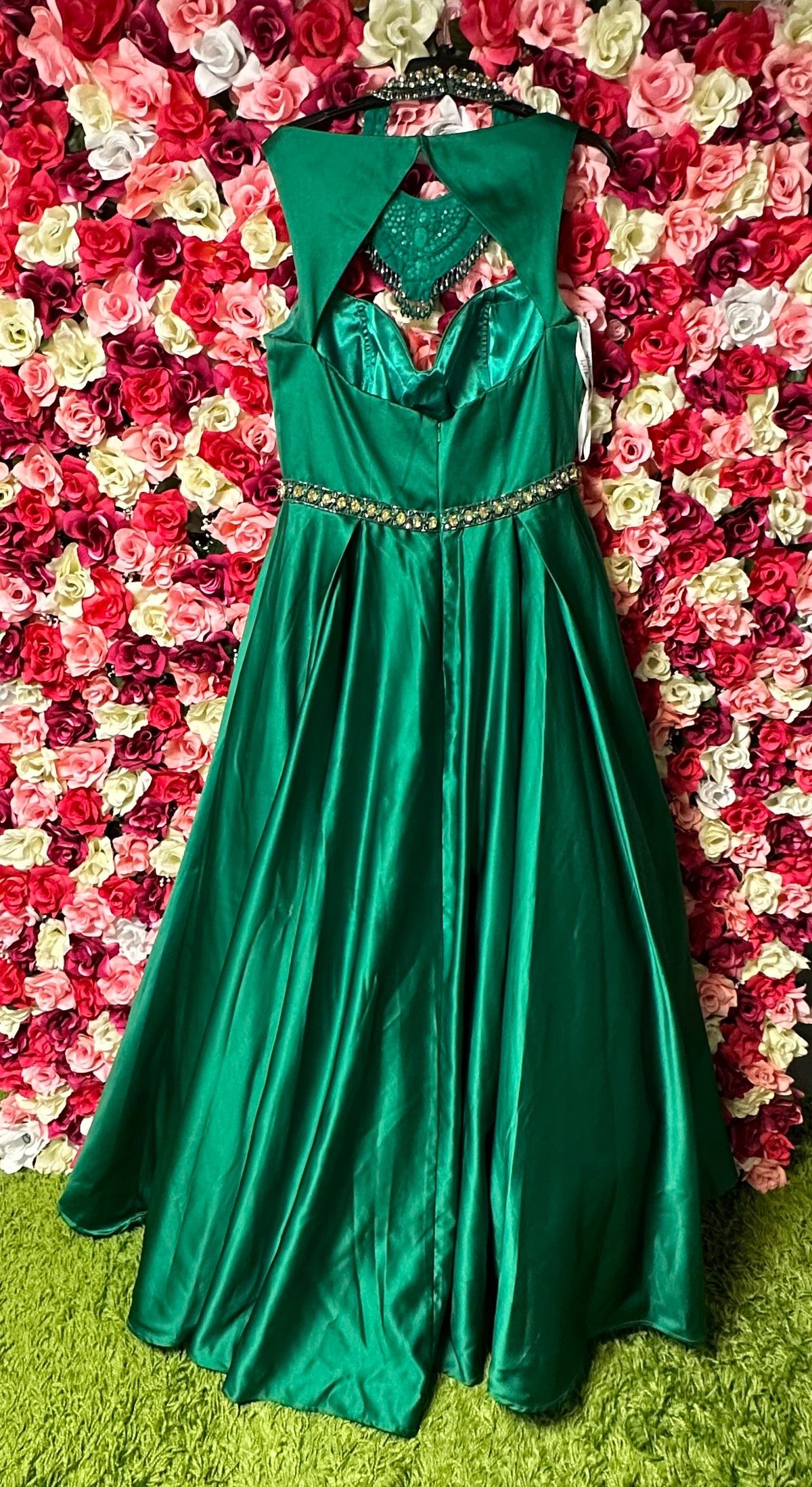 Angela and Alison Size 14 Prom Halter Green Ball Gown on Queenly
