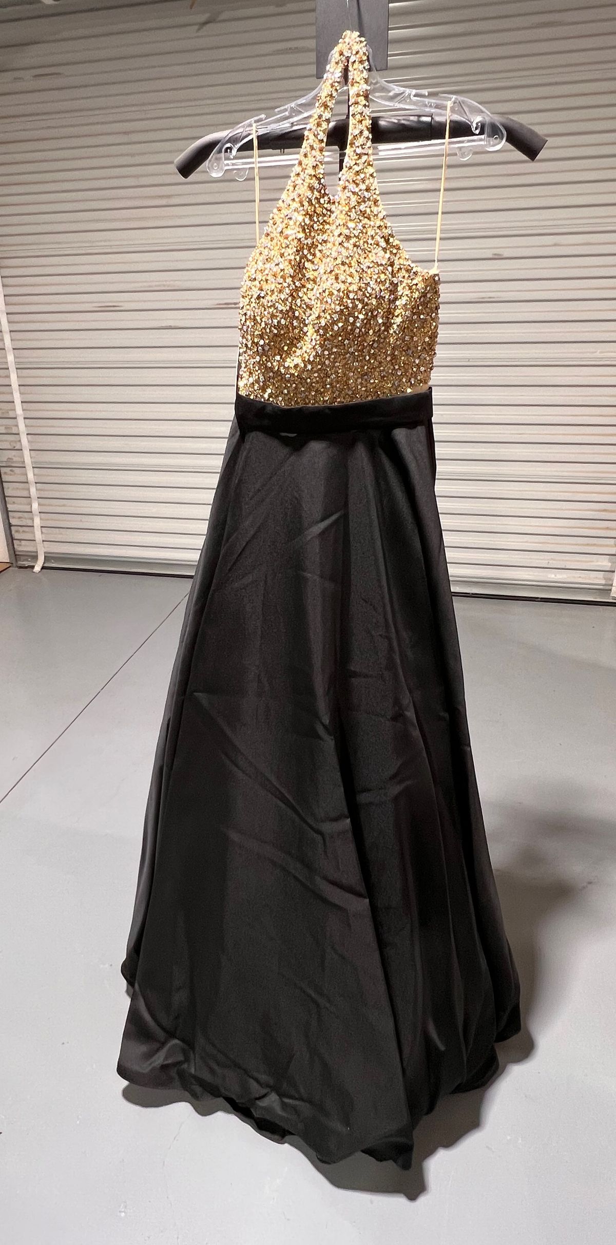 Jovani Size 4 Prom Halter Satin Black Dress With Train on Queenly