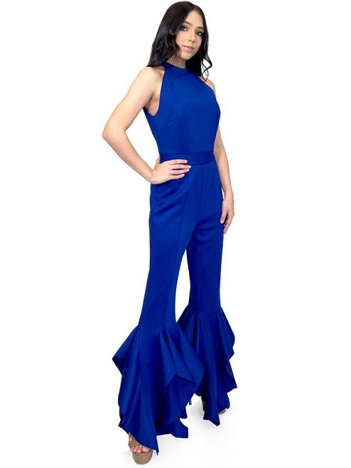 Style 8032 Marc Defang Size 4 Pageant Halter Royal Blue Formal Jumpsuit on Queenly