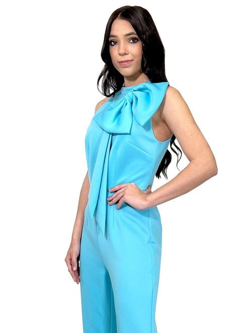 Style 8226 Marc Defang Size 4 Pageant Turquoise Blue Formal Jumpsuit on Queenly
