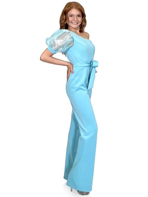 Style 8179 Marc Defang Size 4 Pageant Turquoise Blue Formal Jumpsuit on Queenly