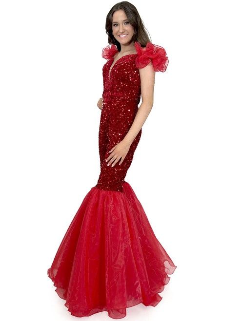 Style 5088A Marc Defang Size 2 Pageant Cap Sleeve Velvet Red Formal Jumpsuit on Queenly