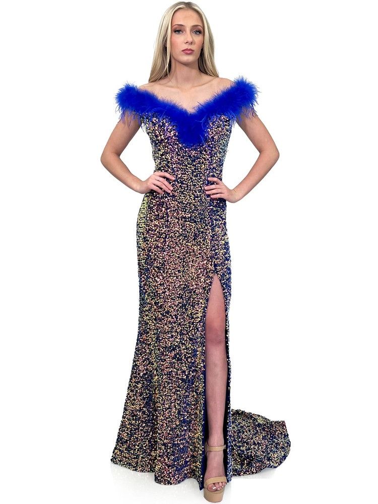 Style 8145 Marc Defang Size 4 Pageant Velvet Royal Blue Side Slit Dress on Queenly