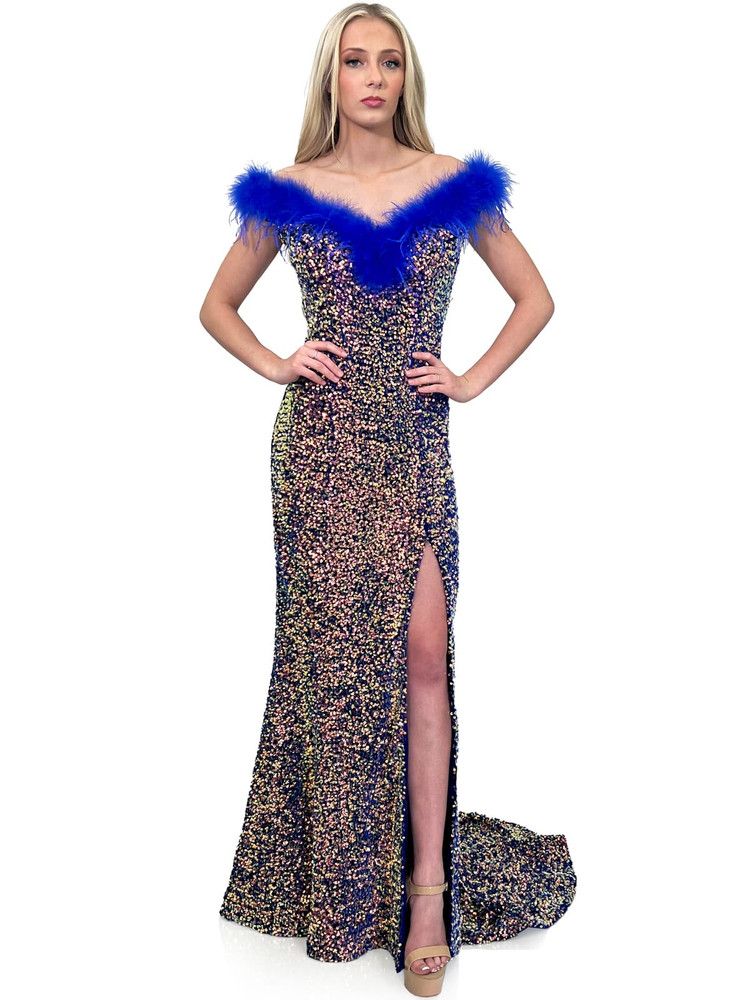 Style 8145 Marc Defang Size 6 Pageant Velvet Royal Blue Side Slit Dress on Queenly