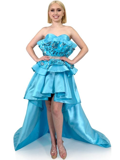 Style 8128 Marc Defang Size 4 Pageant Turquoise Blue Side Slit Dress on Queenly