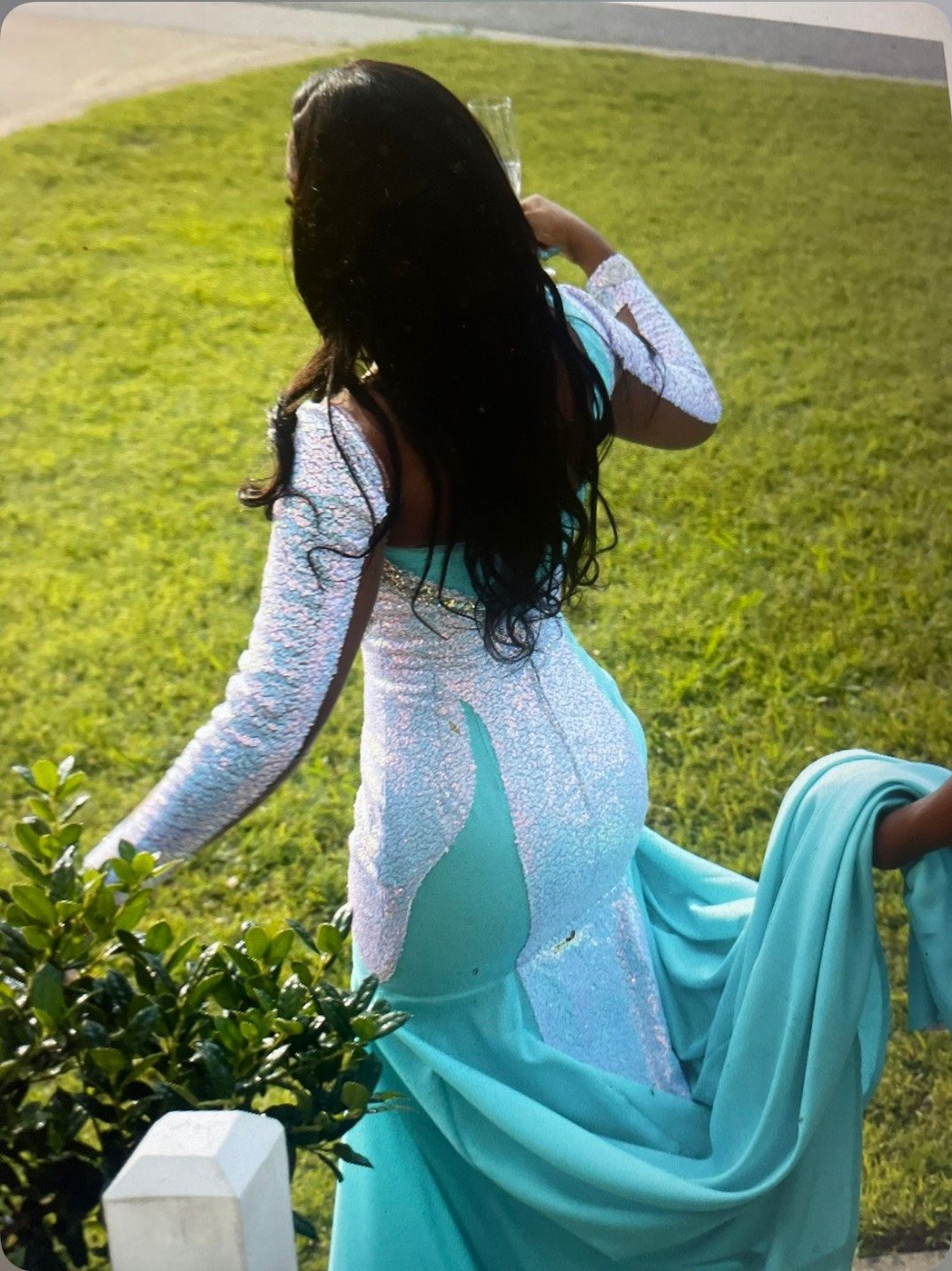 Custom made Size L Prom Long Sleeve Sequined Light Blue Ball Gown on Queenly