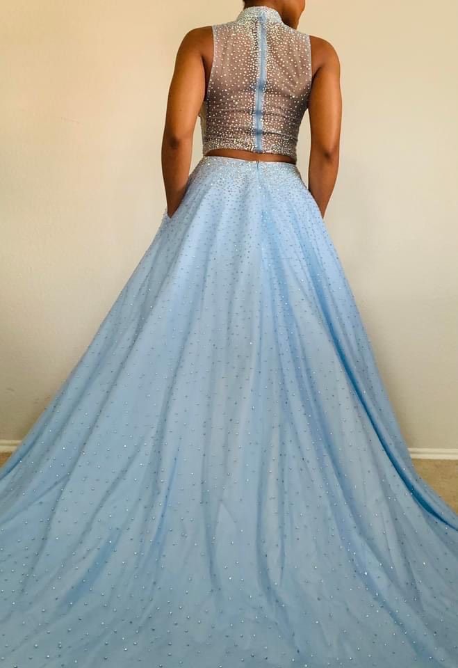 Size 4 Prom High Neck Sequined Light Blue Ball Gown on Queenly