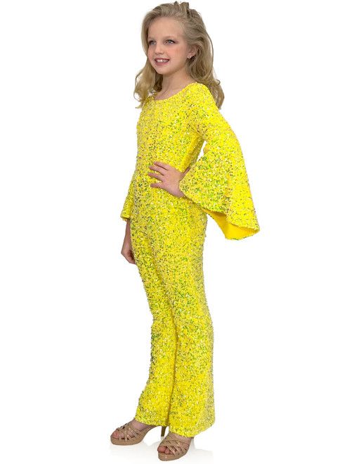 Style 8225K Marc Defang Girls Size 5 Pageant Velvet Yellow Formal Jumpsuit on Queenly