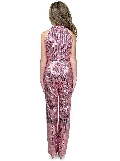 Style 8220K Marc Defang Girls Size 4 Pageant Halter Pink Formal Jumpsuit on Queenly