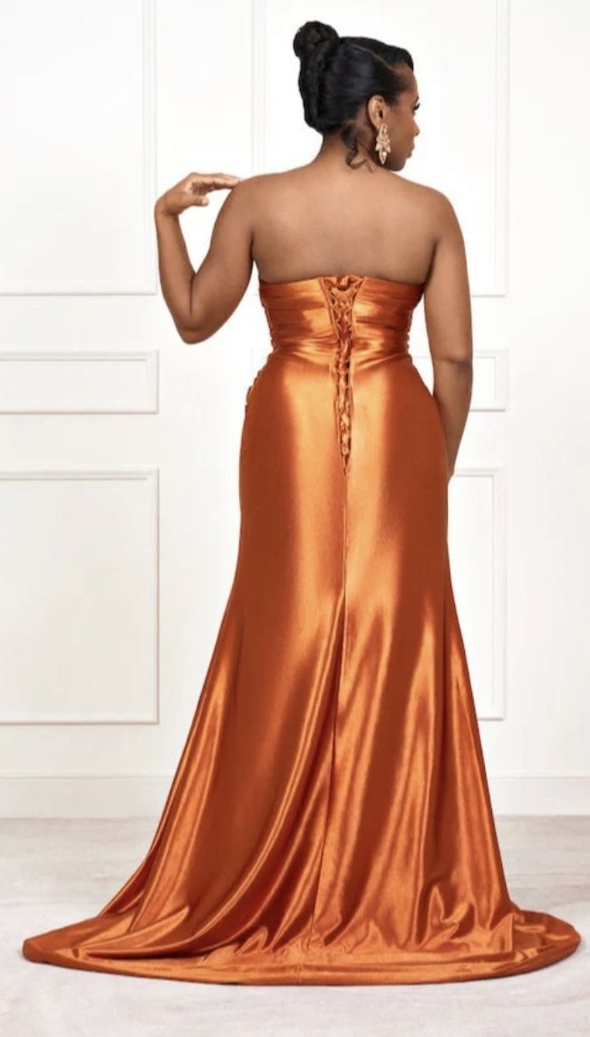Plus Size 22 Bridesmaid Strapless Gold Side Slit Dress on Queenly