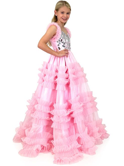 Style 5109 Marc Defang Girls Size 6 Pageant Pink Ball Gown on Queenly