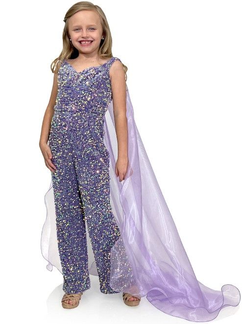 Style 8046K Marc Defang Girls Size 6 Pageant Velvet Purple Formal Jumpsuit on Queenly