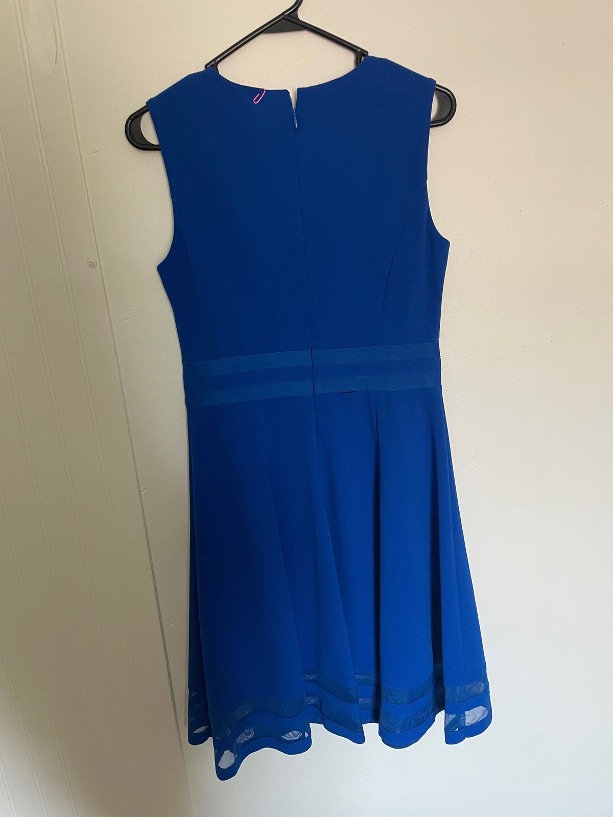 Calvin Klein Size 8 Wedding Guest High Neck Sheer Royal Blue A-line Dress on Queenly