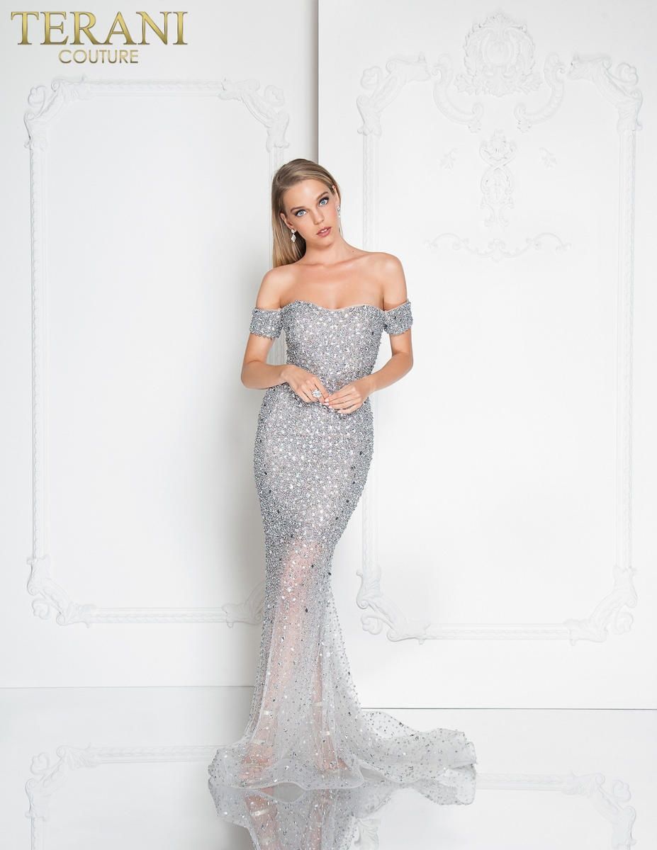 Style  1812GL5359 Terani Couture Size 8 Prom Off The Shoulder Sequined Silver Floor Length Maxi on Queenly