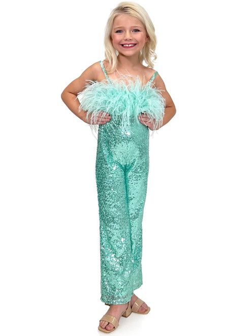 Style 8149K Marc Defang Girls Size 6 Pageant Off The Shoulder Green Formal Jumpsuit on Queenly