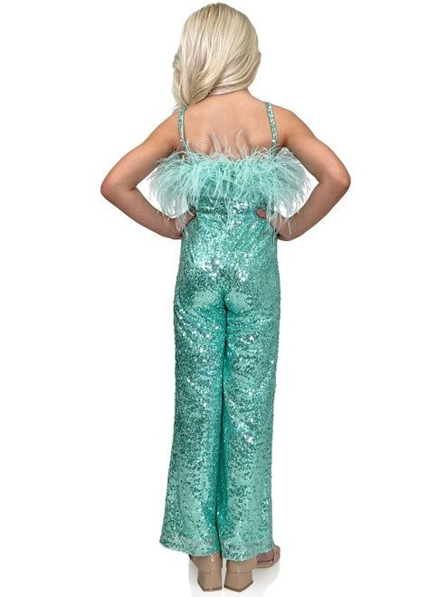 Style 8149K Marc Defang Girls Size 7 Pageant Off The Shoulder Green Formal Jumpsuit on Queenly