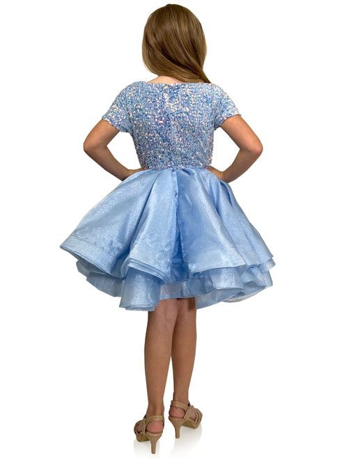 Style 5105 Marc Defang Girls Size 11 Pageant Velvet Light Blue Cocktail Dress on Queenly