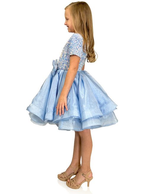 Style 5105 Marc Defang Girls Size 11 Pageant Velvet Light Blue Cocktail Dress on Queenly