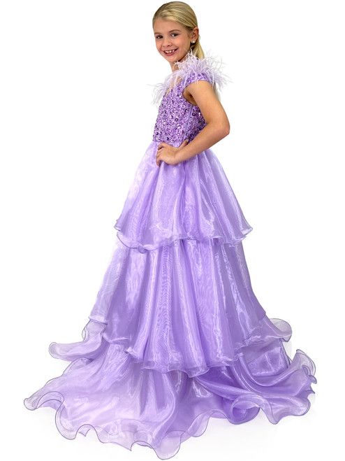 Style 5143 Marc Defang Girls Size 5 Pageant Off The Shoulder Purple Ball Gown on Queenly