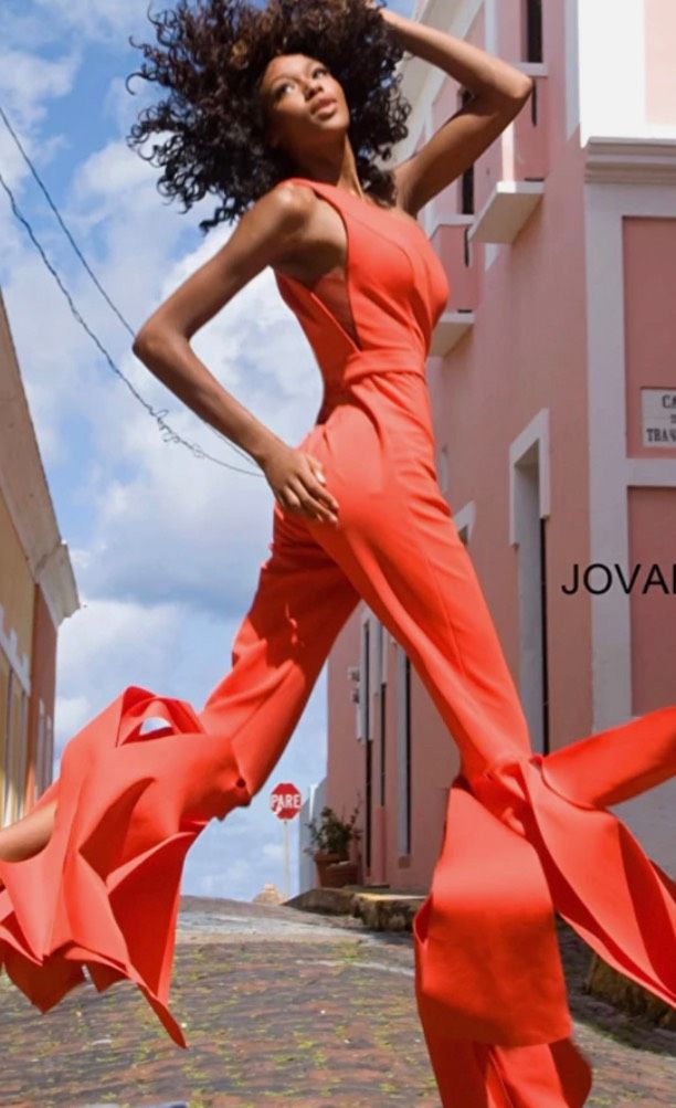 Style 00065 Jovani Size 2 Pageant One Shoulder Orange Formal Jumpsuit on Queenly