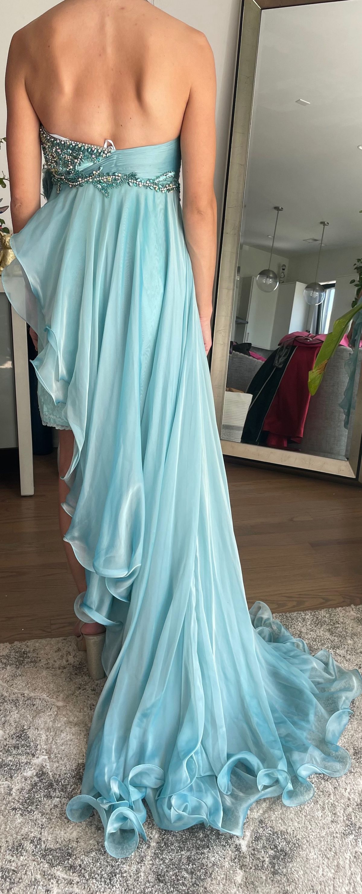 Style CUSTOM Mac Duggal Size 4 Pageant Strapless Lace Light Blue Side Slit Dress on Queenly