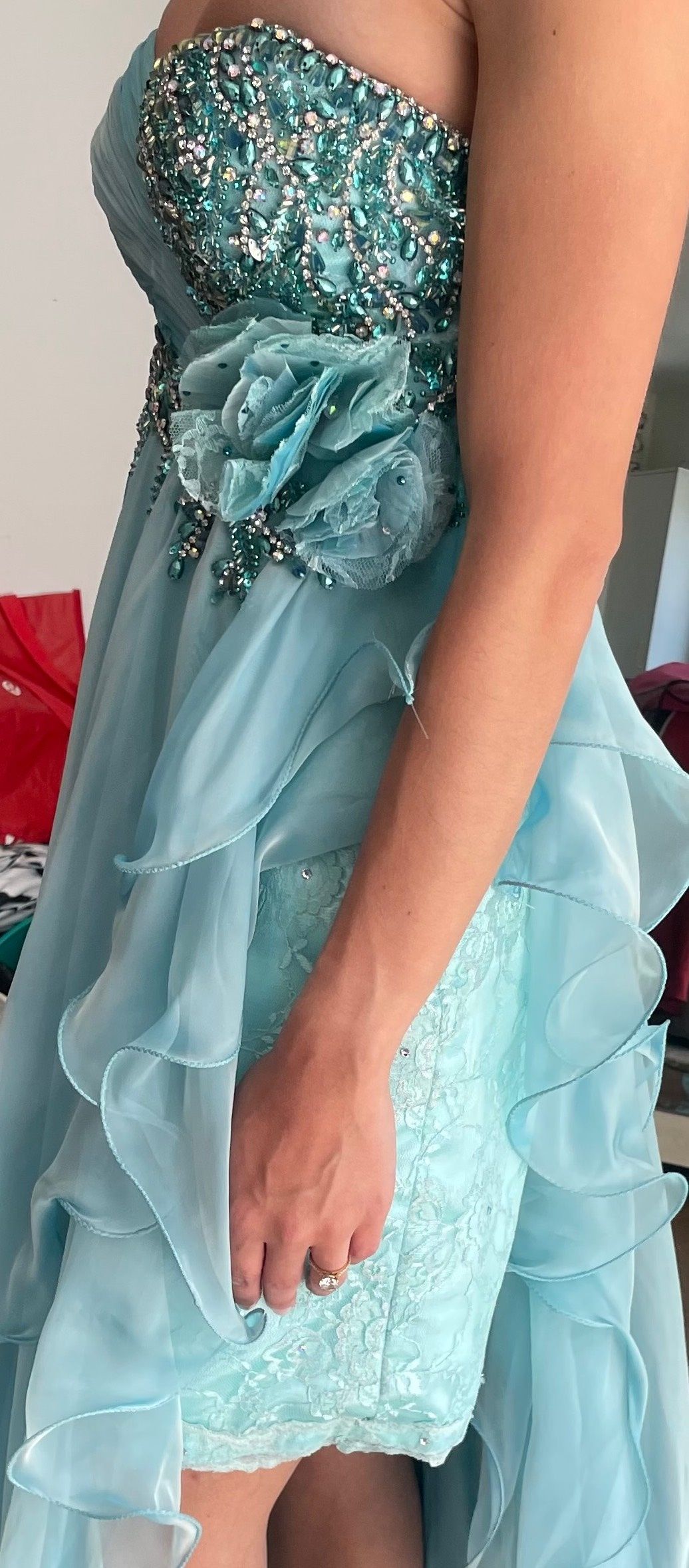 Style CUSTOM Mac Duggal Size 4 Pageant Strapless Lace Light Blue Side Slit Dress on Queenly