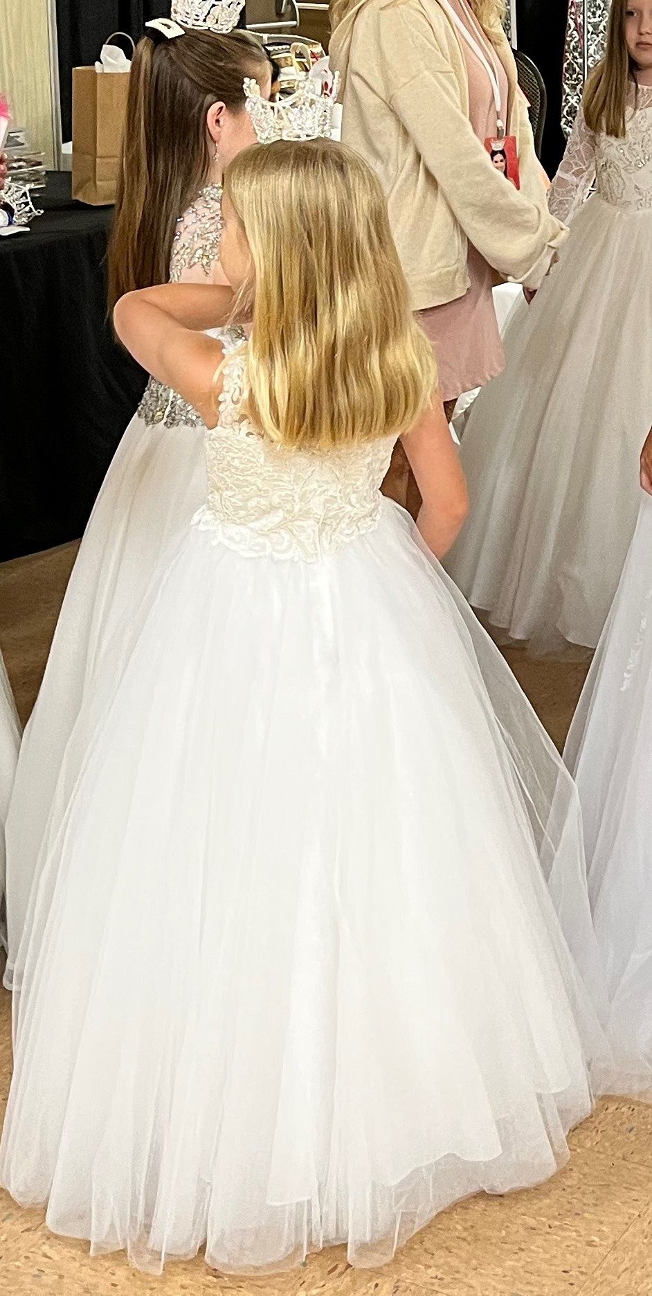 Marys Girls Size 6 Pageant High Neck White Ball Gown on Queenly