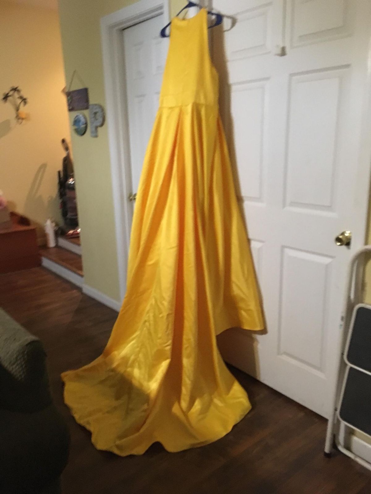 Size 12 Prom Halter Yellow Dress With Train on Queenly