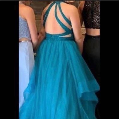 Plus Size 16 Prom High Neck Blue Ball Gown on Queenly