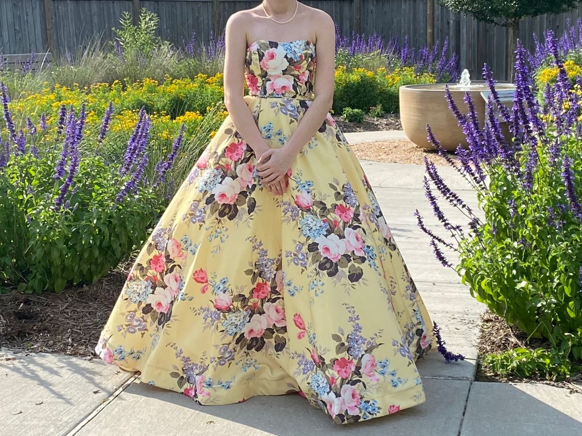Sherri Hill Size 0 Prom Strapless Floral Yellow Ball Gown on Queenly