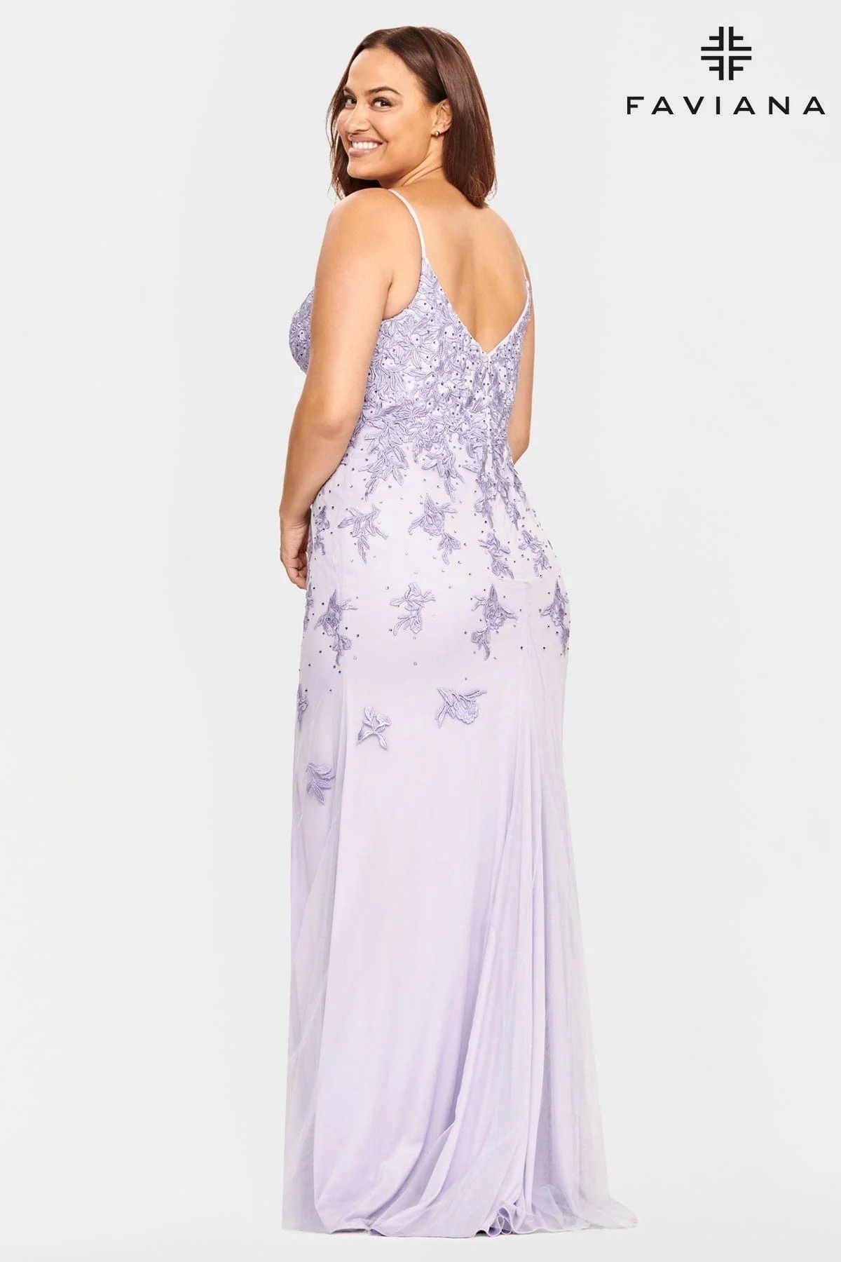 Style 9539 Faviana Plus Size 20 Prom Plunge Floral Light Purple Side Slit Dress on Queenly