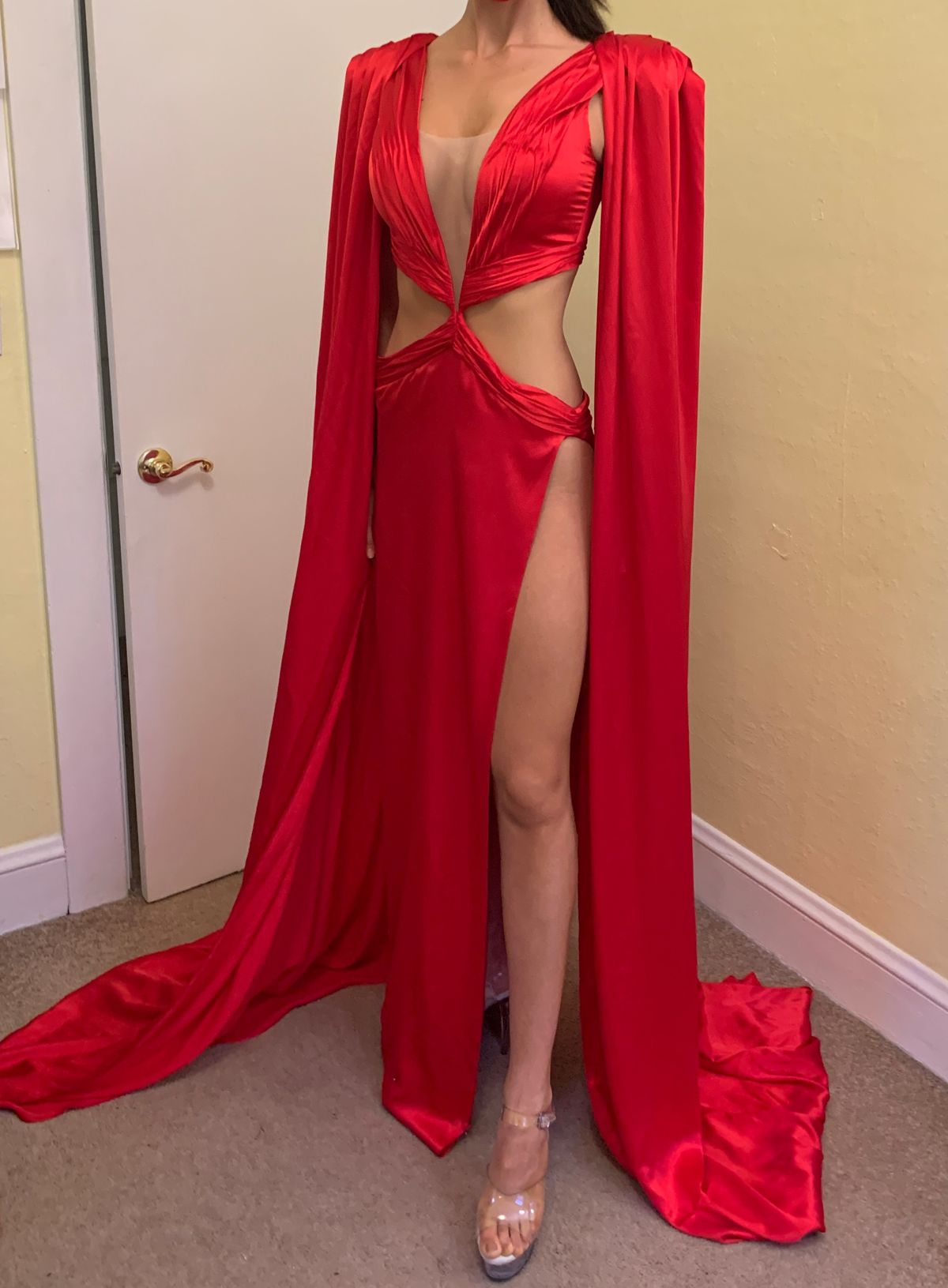 Custom Size 2 Pageant Plunge Satin Red Side Slit Dress on Queenly