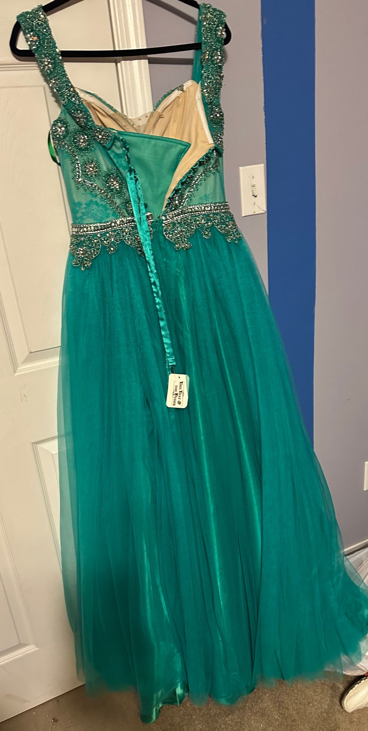 Angela and Alison Size 10 Prom Cap Sleeve Green Ball Gown on Queenly