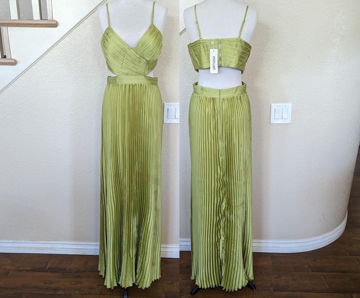 Style Lime Green Pleated Cutout Wedding Guest Formal Party Maxi Dress Minuet Size 12 Green A-line Dress on Queenly