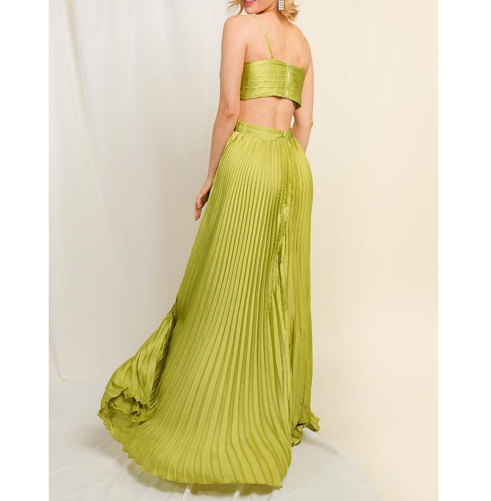 Style Lime Green Pleated Cutout Wedding Guest Formal Party Maxi Dress Minuet Size 12 Green A-line Dress on Queenly